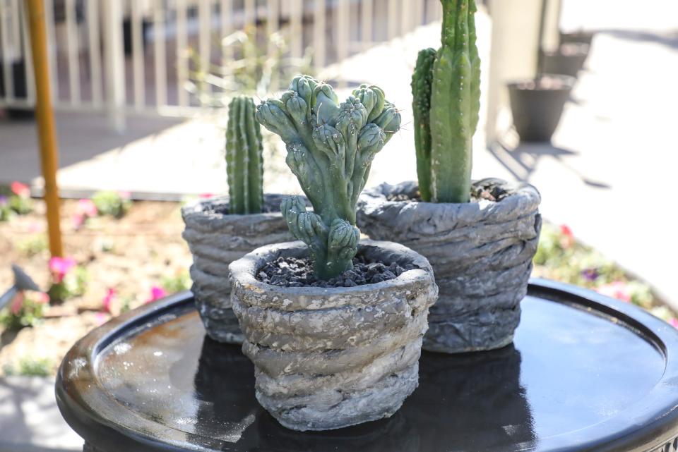 Concrete flower pots are seen built by shop owner Dirk Sure at European Flower Power, Thursday, Oct. 21, 2021, in Palm Desert, Calif. 