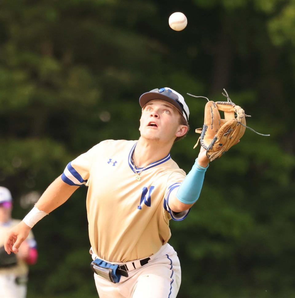 Norwell second baseman Colin McCarthy makes the catch during a game against Abington on Wednesday, May 24, 2023.