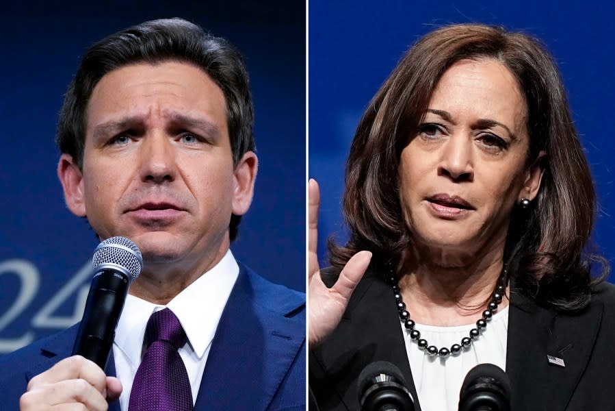FILE – This combination of photos shows Vice President Kamala Harris speaking during the Pennsylvania Democratic Party’s 3rd Annual Independence Dinner in Philadelphia, Oct. 28, 2022, and Republican presidential candidate Florida Gov. Ron DeSantis speaking during the Family Leadership Summit, July 14, 2023, in Des Moines, Iowa. (AP Photo/Matt Rourke, Charlie Neibergall, Files)