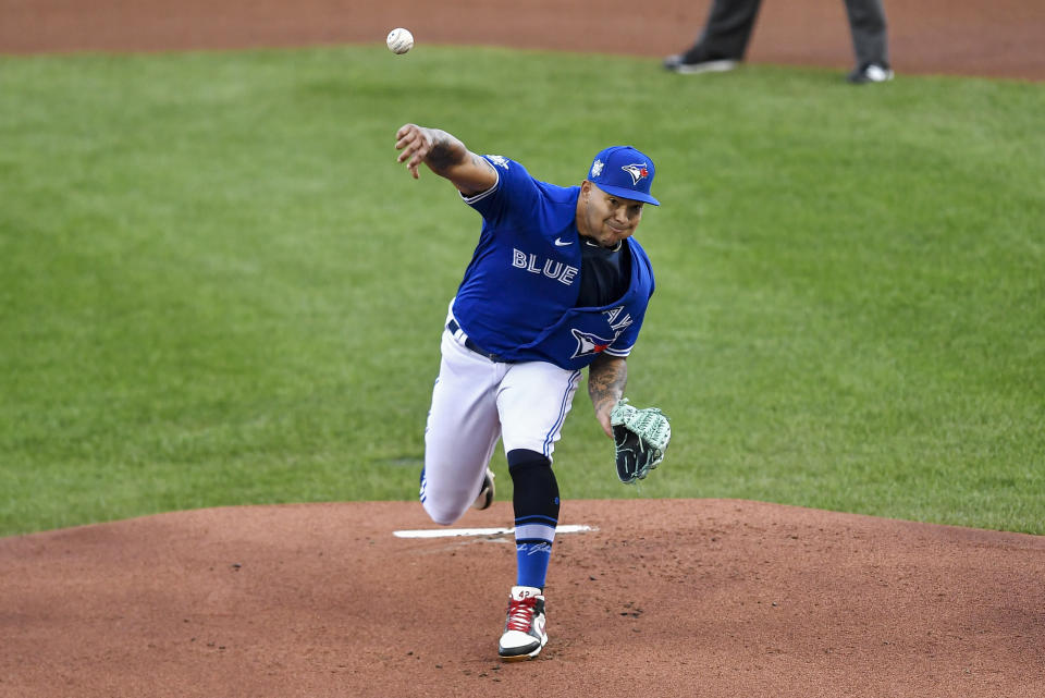 Toronto Blue Jays starting pitcher Taijuan Walker throws to a Baltimore Orioles batter during the first inning of a baseball game in Buffalo, N.Y., Saturday, Aug. 29, 2020. (AP Photo/Adrian Kraus)
