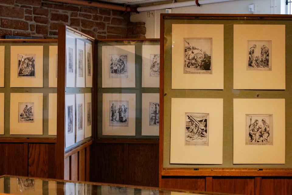 Originals sketches from cartoonist and 45th Infantry soldier Bill Mauldin are on display June 21 at the the 45th Infantry Division Museum in Oklahoma City. Maudlin's work would later win him two Pulitzer Prizes.