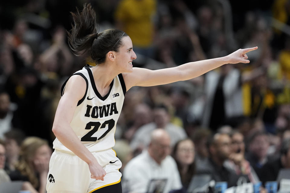 Iowa guard Caitlin Clark (22) reacts after hitting a three-point shot against LSU during the third quarter of an Elite Eight round college basketball game during the NCAA Tournament, Monday, April 1, 2024, in Albany, N.Y. (AP Photo/Mary Altaffer)