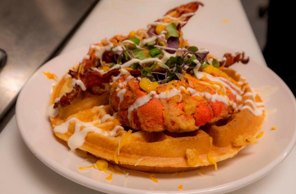 Mimosas, a breakfast and lunch restaurant, opened in Myrtle Beach on 74th Avenue North in Myrtle Beach, S.C. this week. The eatery has a speciality brunch menu to include Fried Lobster & Waffles which includes apple-smoked bacon, cheddar, greens and corn. June 13, 2023.