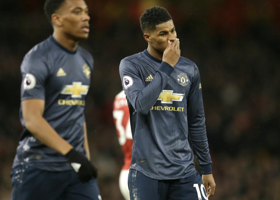 Manchester United's Marcus Rashford reacts during the English Premier League soccer match between Arsenal and Manchester United at the Emirates Stadium in London, Sunday, March 10, 2019. (AP Photo/Tim Ireland)