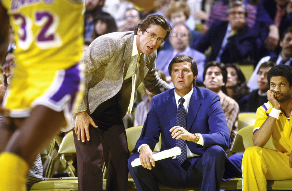 Los Angeles Lakers Assistant Coach Pat Riley and Coach Jerry West (Manny Millan / Sports Illustrated via Getty Images file)