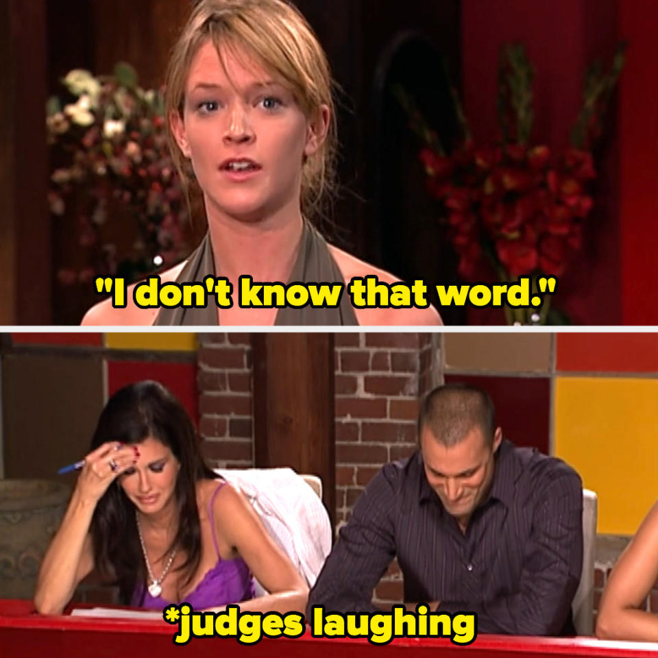 A woman saying "I don't know that word" while the judges laugh at her