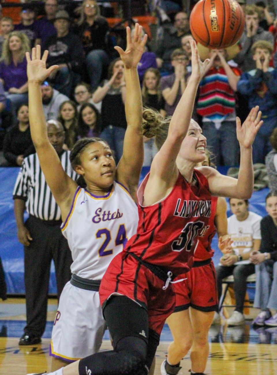 Gruver's Allie Sparks (30) attempts a shot against Panhandle's Ann Garrison during the Region I-2A championship girls basketball playoff game in the Texan Dome in Levelland on Saturday, Feb. 25, 2023.