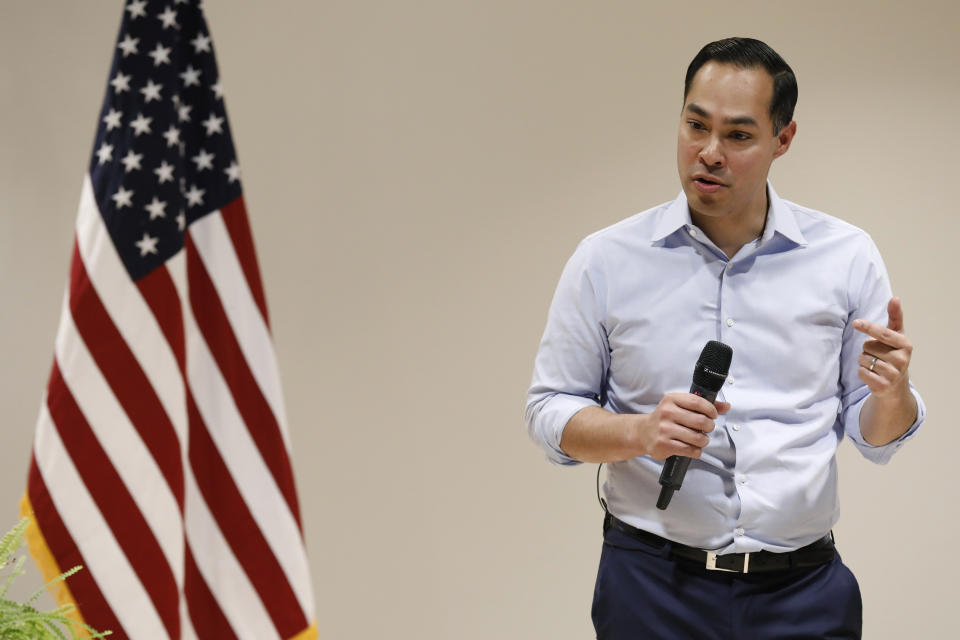 Julian Castro, former U.S. Secretary of Housing and Urban Development, and candidate for the 2020 Democratic presidential nomination, speaks during a town hall meeting at Grand View University, Thursday, Feb. 21, 2019, in Des Moines, Iowa. (AP Photo/Charlie Neibergall)