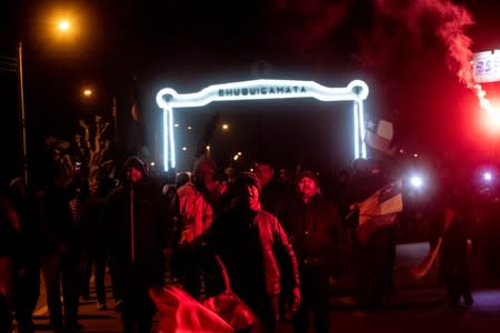 Demonstrators march during a union strike of Chuquicamata copper mine, one of the world's largest, in Calama