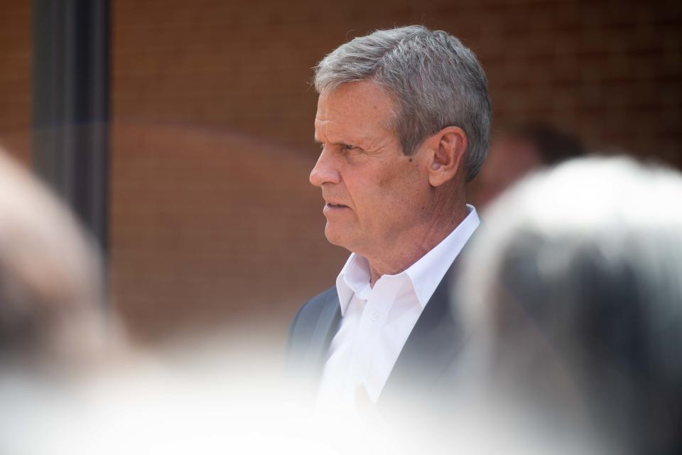 Gov. Bill Lee gives parting words to STAR Center employees after his visit as part of the Tennessee Serves Project in Jackson, Tennessee on Monday, Aug. 28, 2023.