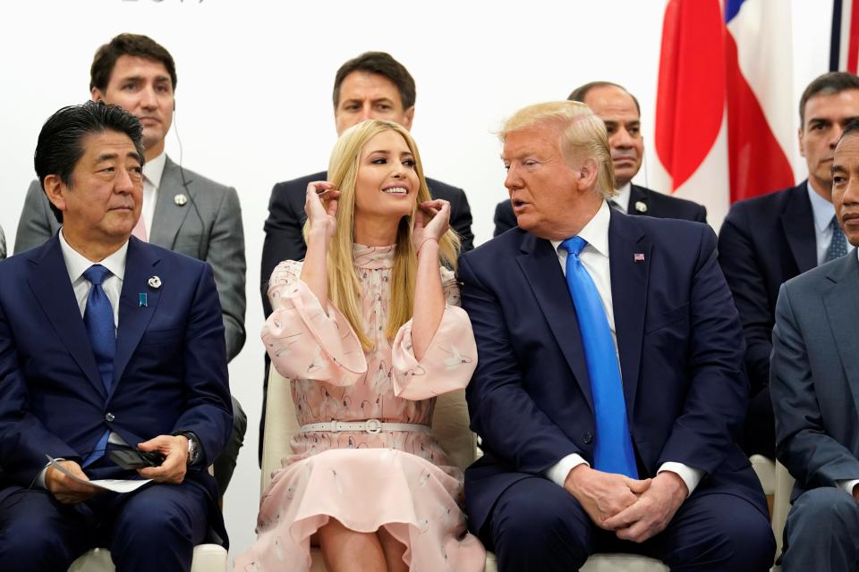 Japan's Prime Minister Shinzo Abe, U.S. President Donald Trump and White House senior advisor Ivanka Trump attend a women's empowerment event during the G20 leaders summit in Osaka, Japan, June 29, 2019. REUTERS/Kevin Lamarque