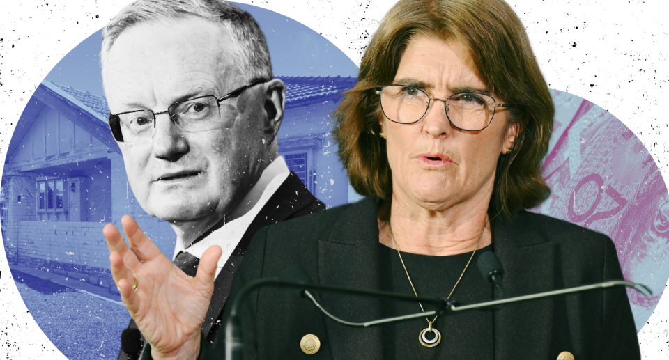 RBA governor Michele Bullock and her predecessor Phillip Lowe in front of two circles with a house and Australian money inside them.