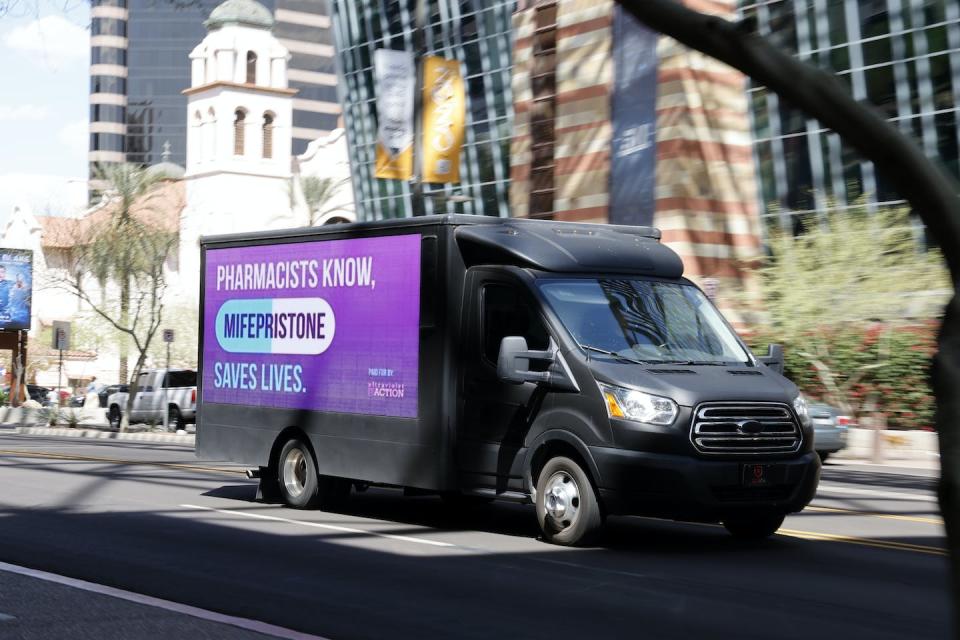 An advertisement outside a pharmacists conference in Phoenix advocates for the safety and necessity of mifepristone. <a href="https://media.gettyimages.com/id/1476304220/photo/ultraviolet-calls-on-pharmacists-to-reaffirm-that-mifepristone-a-medication-abortion-drug-is.jpg?s=1024x1024&w=gi&k=20&c=vJBZrHKeA1NR572zGNXCuj0gMCaq9O_xqJVH2sFa1VE=" rel="nofollow noopener" target="_blank" data-ylk="slk:Chris Coduto/Getty Images for UltraViolet;elm:context_link;itc:0;sec:content-canvas" class="link ">Chris Coduto/Getty Images for UltraViolet</a>