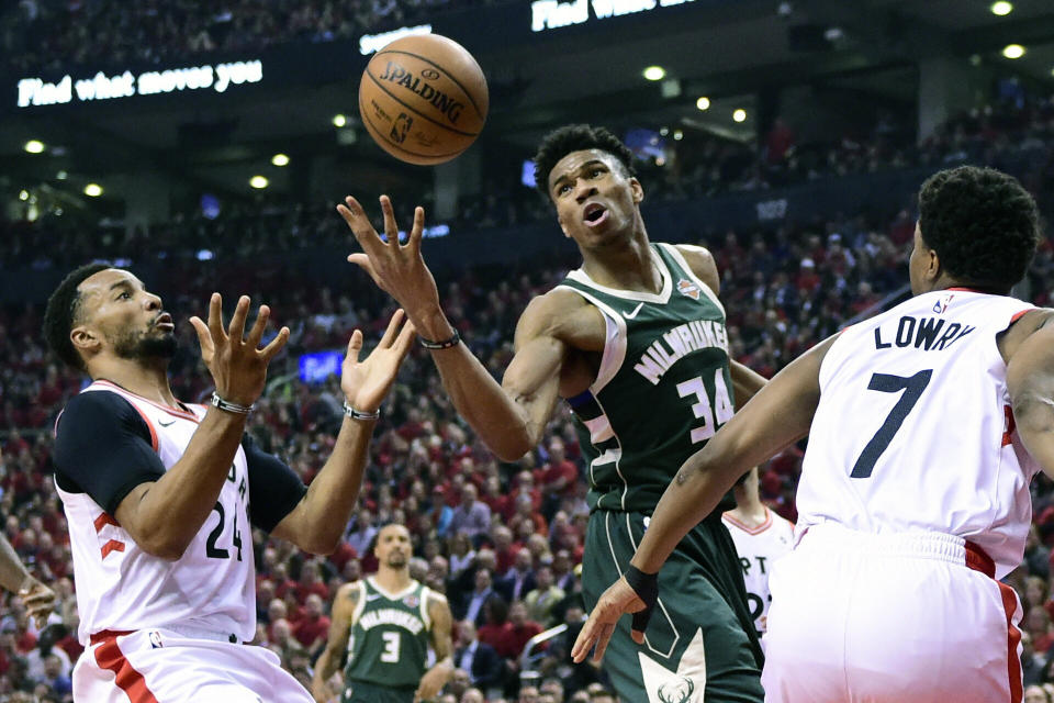 Giannis Antetokounmpo and the Bucks couldn't get much going after the first quarter in Game 4. (AP)