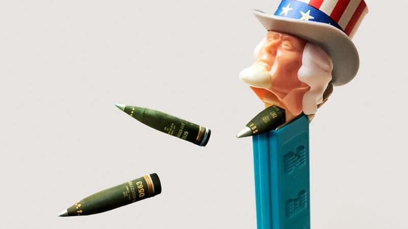 An illustration of Uncle Sam as a PEZ dispenser, dispensing bombs