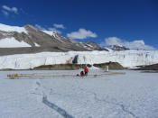 Scientists collect data from an airborne electromagnetic mapping sensor after surveying Blood Falls and the Taylor Glacier, McMurdo Dry Valleys, Antarctica.