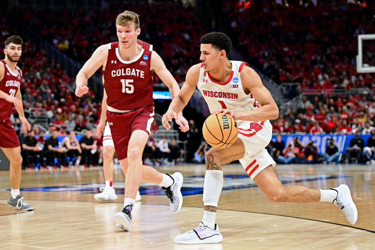 Wisconsin's Johnny Davis, an NBA draft lottery prospect, dribbles the ball against Colgate during the first round of the 2022 NCAA men's tournament on March 18, 2022, in Milwaukee. (Ben Solomon/NCAA Photos via Getty Images)