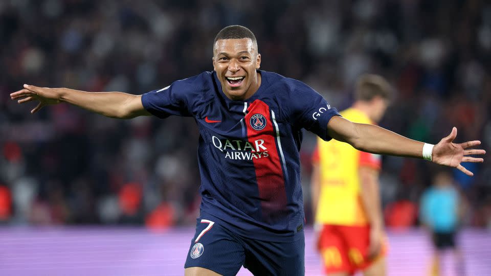 Mbappé celebrates scoring for PSG against RC Lens last year. - Alain Jocard/AFP/Getty Images