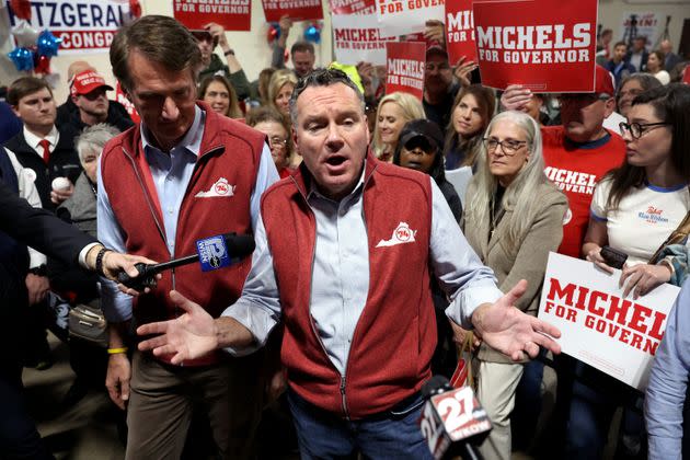 Wisconsin Republican gubernatorial candidate Tim Michels, right, campaigns with Virginia Gov. Glenn Youngkin, left, on Oct. 26 in Waukesha, Wisconsin. (Photo: Scott Olson via Getty Images)