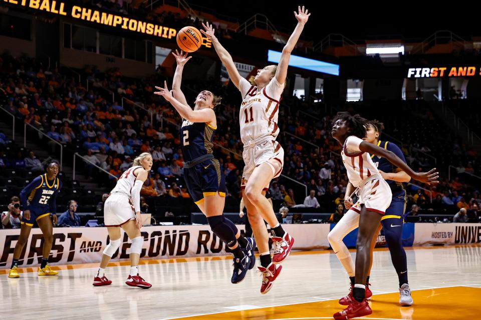 Toledo's Sophia Wiard (2) shoots over Iowa State's Emily Ryan (11) in the first half of Saturday's NCAA Tournament game in Knoxville, Tenn.