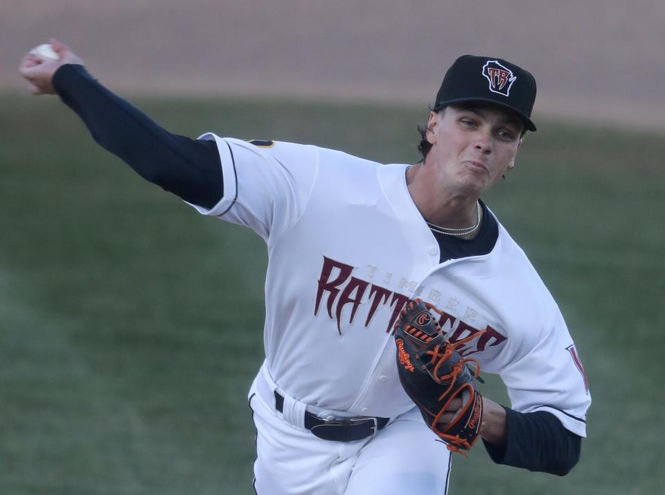 Brett Wichrowski pitches for the Wisconsin Timber Rattlers last month.
