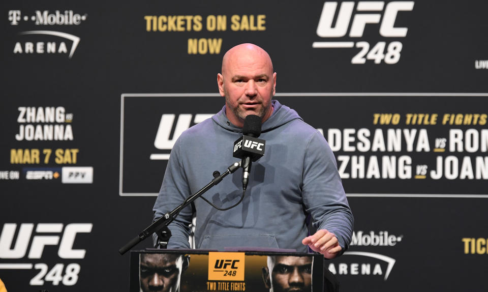 HOUSTON, TX - FEBRUARY 07:  UFC President Dana White speaks to the media during the UFC 248 Press Conference at the Toyota Center on February 7, 2020 in Houston, Texas. (Photo by Josh Hedges/Zuffa LLC via Getty Images)