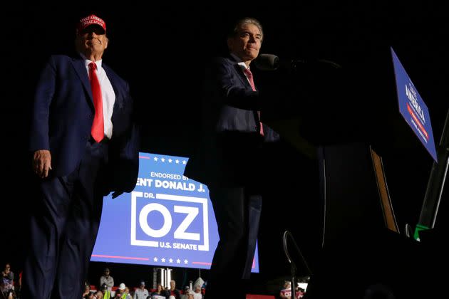 Mehmet Oz, the Republican nominee for a U.S. Senate seat in Pennsylvania, speaks at a rally alongside former President Donald Trump in Latrobe, Pennsylvania, on Saturday. (Photo: Jacqueline Larma/Associated Press)