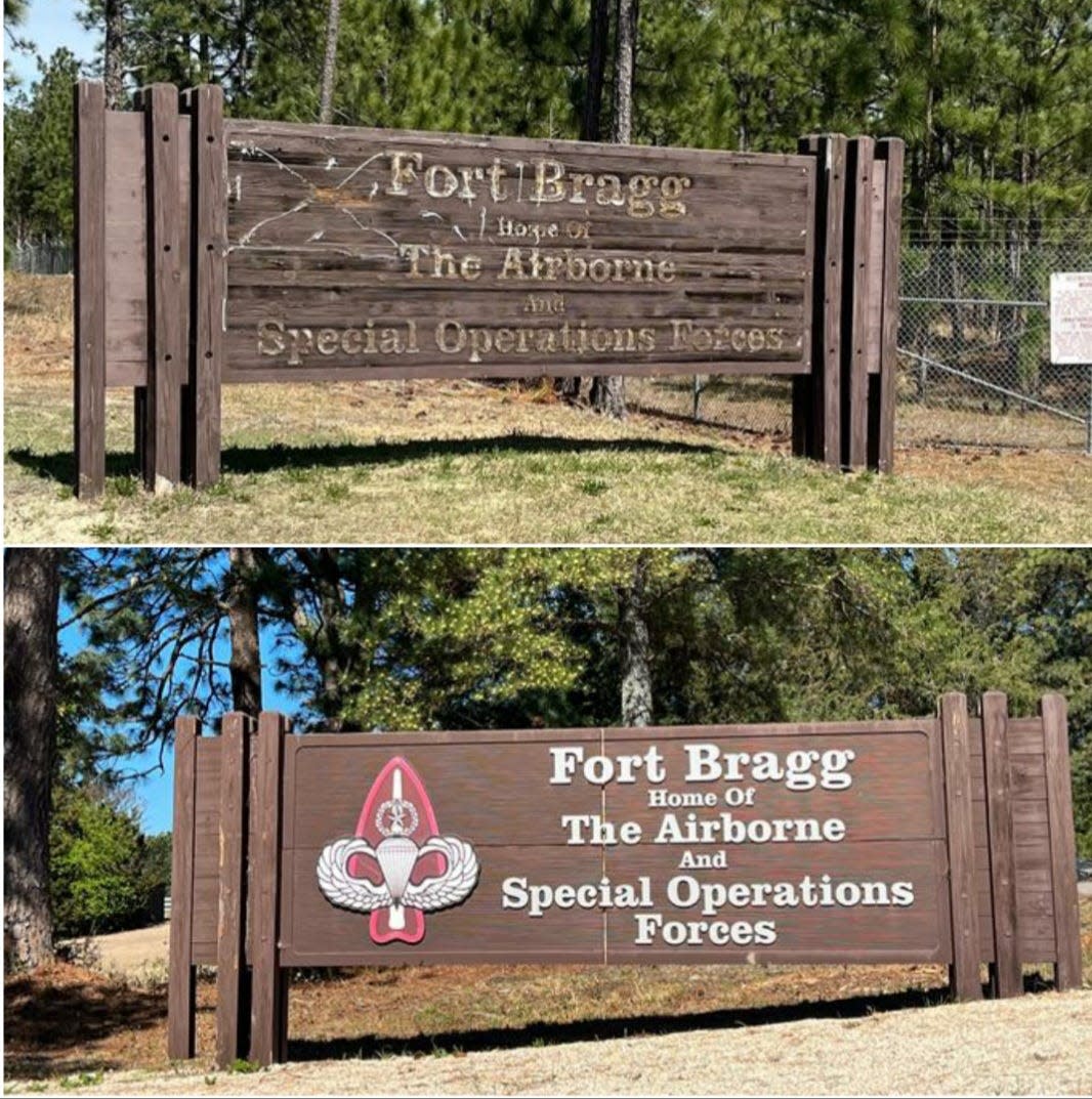 Two signs: A Fort Bragg entrance sign at Knox Street, top, is being prepared for removal. The gate is closed to traffic. At bottom is the sign near Stryker Golf Course. The name of the post is scheduled to change to Fort Liberty in June, 2023.