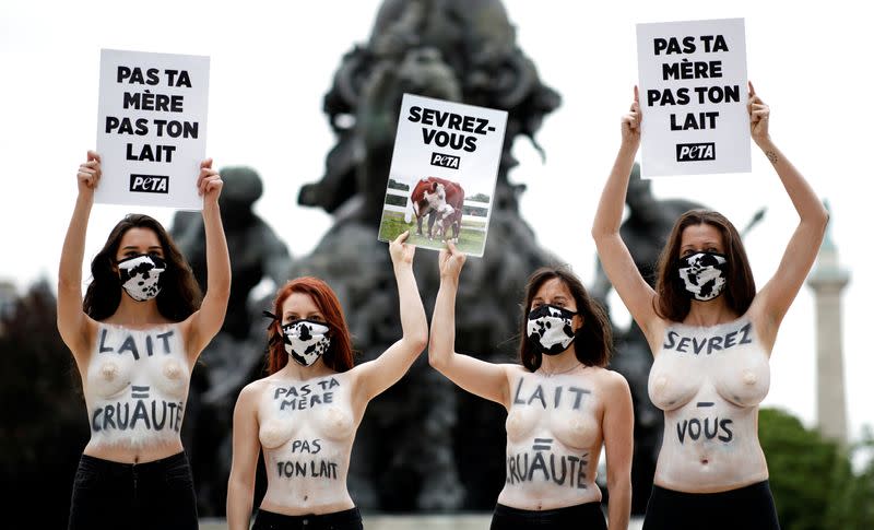 PETA protests against the cruelty of the dairy industry at Place de la Nation square in Paris