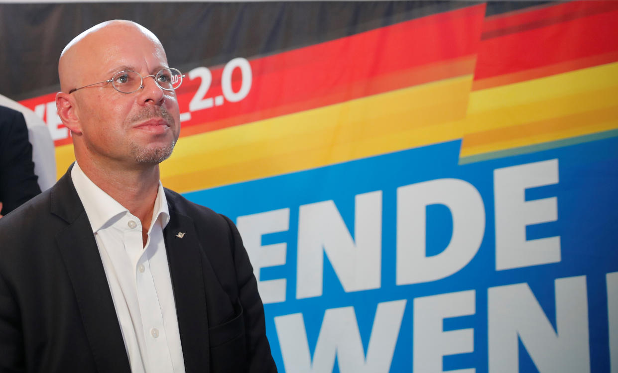 Alternative for Germany (AfD) top candidate for the Brandenburg election Andreas Kalbitz reacts for the first exit polls for the Brandenburg state election in Werder, Germany, September 1, 2019.     REUTERS/Axel Schmidt