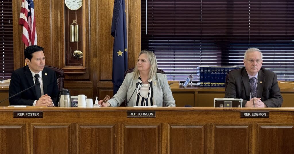 The three co-chairs of the Alaska House Finance Committee, Reps. Neal Foster, D-Nome; DeLena Johnson, R-Palmer; and Bryce Edgmon, I-Dillingham, pause during budget debates on Thursday, March 28, 2024. (Photo by James Brooks/Alaska Beacon)