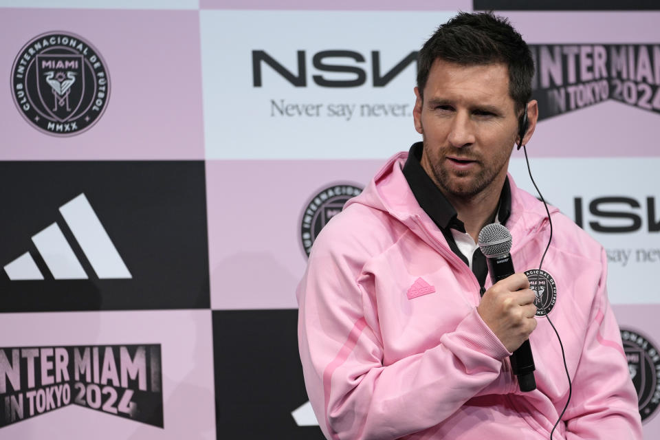 Inter Miami's Lionel Messi speaks during a press conference at a hotel, ahead of his team's friendly soccer match against Vissel Kobe in Tokyo, Tuesday, Feb. 6, 2024. (AP Photo/Shuji Kajiyama)