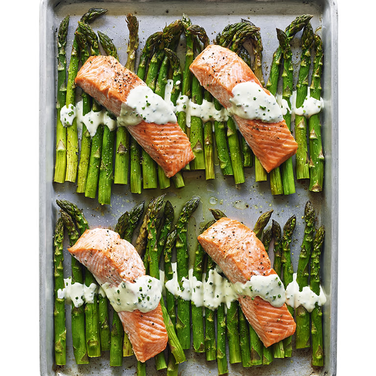 Broiled Salmon and Asparagus with Crème Fraîche