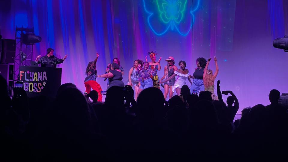 L.A. rap duo Flyana Boss performs with audience members on stage at the "Age of Pleasure" tour stop in Columbus Friday, Sept. 15.