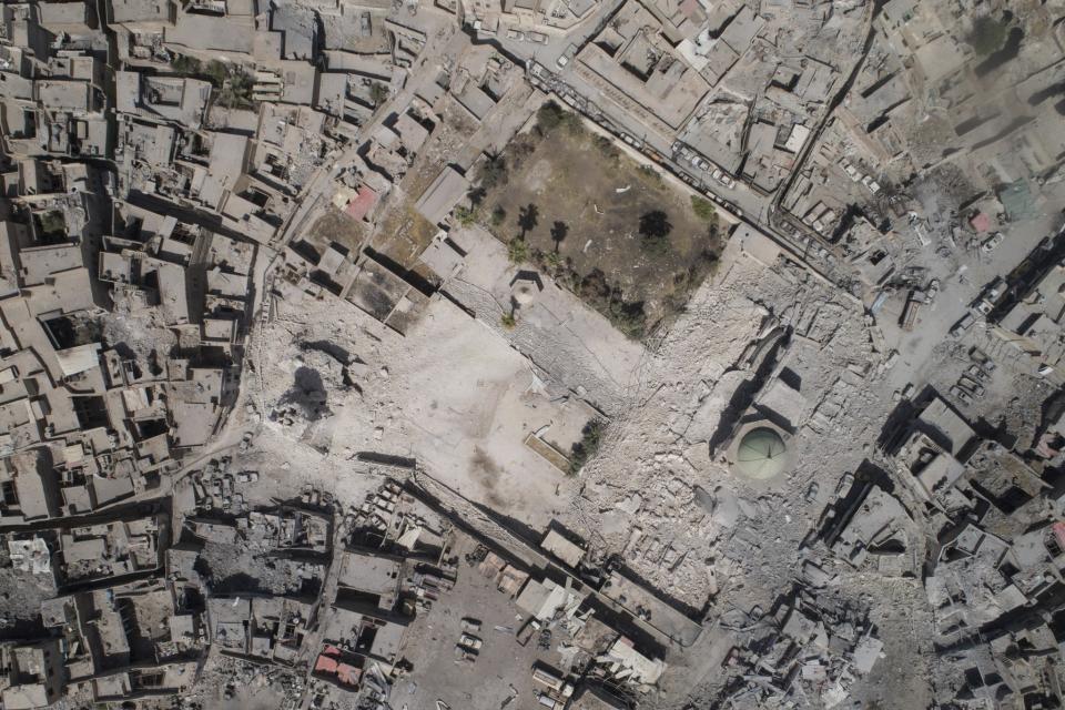 An aerial view of the destroyed al-Nuri mosque during fighting between Iraqi security forces and Islamic State militants in the Old City of Mosul, on June 28 (AP Photo/Felipe Dana)