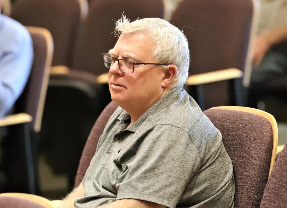Tim Garman is shown seated at the Shasta County Board of Supervisors meeting on Tuesday, Feb. 8, 2022. At last count, Garman was leading the vote to replace Leonard Moty as Shasta County District 2 supervisor. Garman is the board president of the Happy Valley Unified School District.