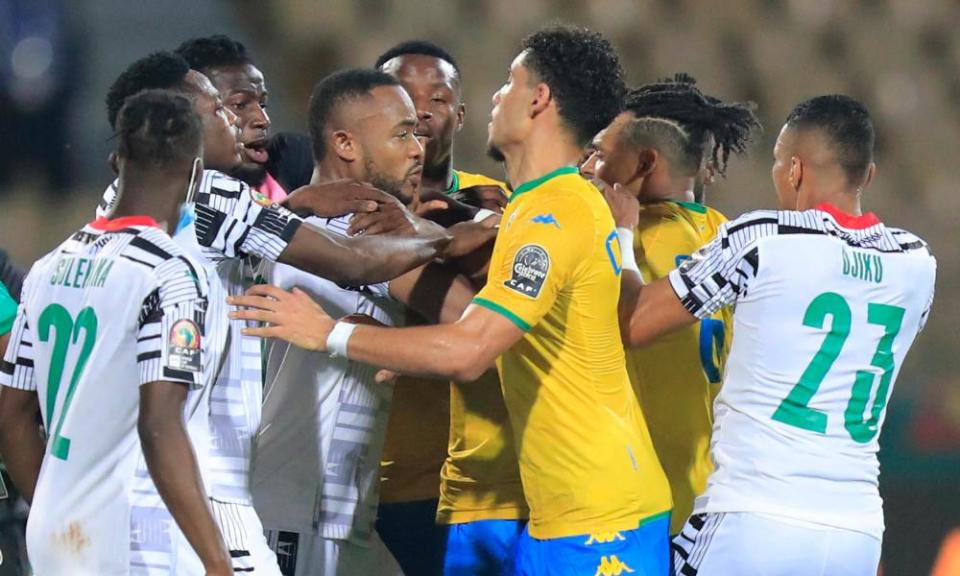 Gabon and Ghana players clash after the final whistle in Yaoundé.