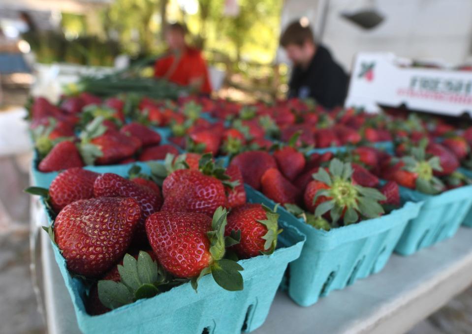 Strawberries from Hanchey's Produce at the opening day of the Farmers' Market at Poplar Grove at Poplar Grove in 2022. The 2023 season is set to begin April 12.