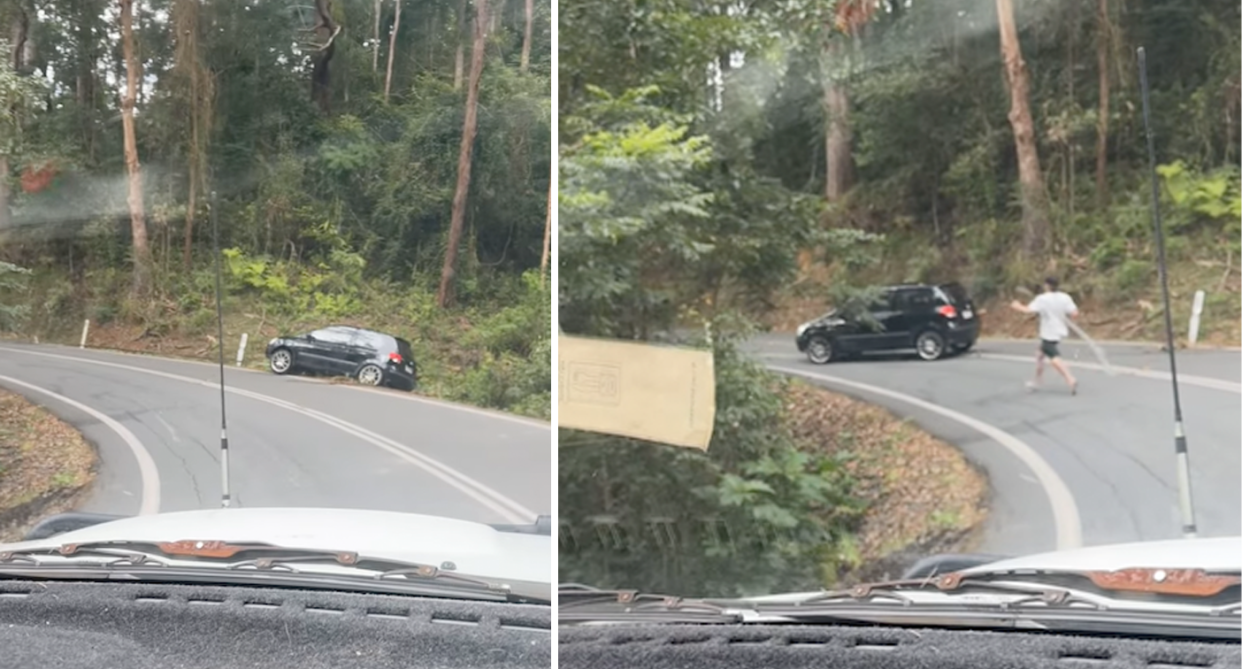 The black car being pulled up from the ditch in Beechmont (left) and it rolling down to the other side of the road with a man running after it (right).