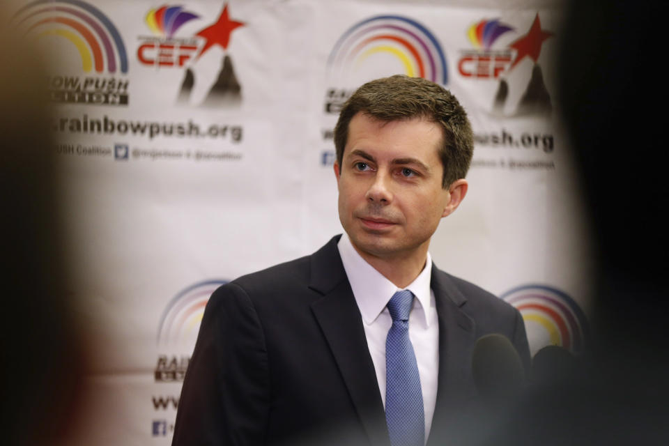 Democratic presidential candidate and South Bend, Ind., Mayor Pete Buttigieg speaks during a news conference at the Rainbow PUSH Coalition Annual International Convention in Chicago, Tuesday, July 2, 2019. (AP Photo/Amr Alfiky)