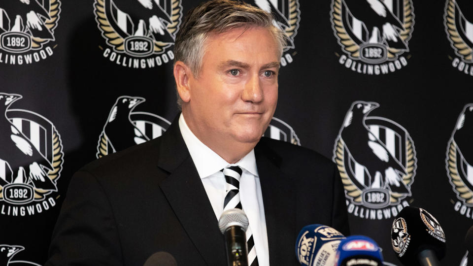 Eddie McGuire (pictured) fronts the media to announce he will step down as president of Collingwood.