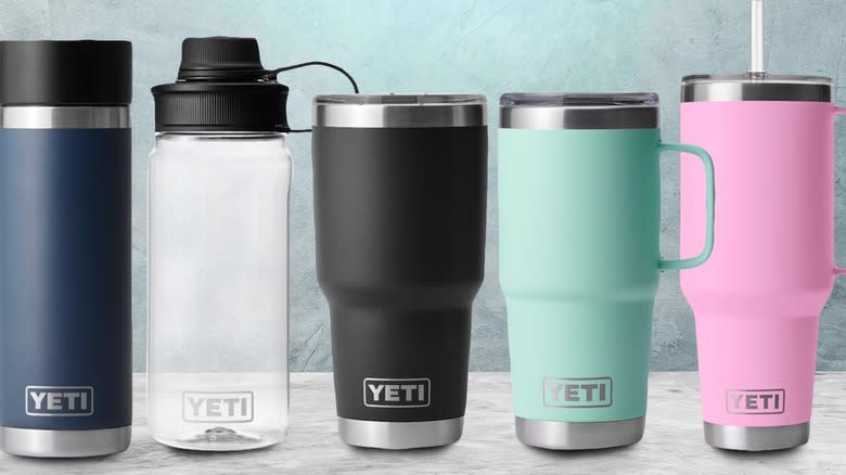 YETI bottles on blue background