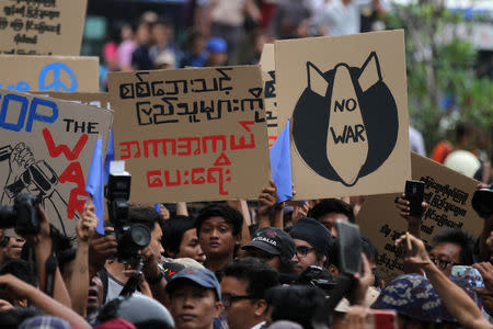 Students take part in a rally demanding peace at the war-torn Kachin State in Yangon, Myanmar May 12, 2018. REUTERS/Stringer