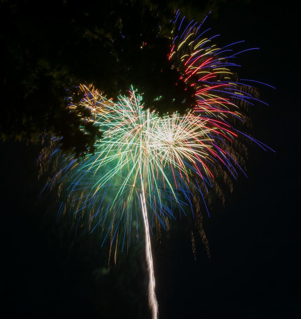 Fireworks at one of three official 4th of July celebrations in Carmel, Saturday, July 4, 2020. While people gather in droves to witness the bright lights and loud booms, some pets may experience stress and anxiety.