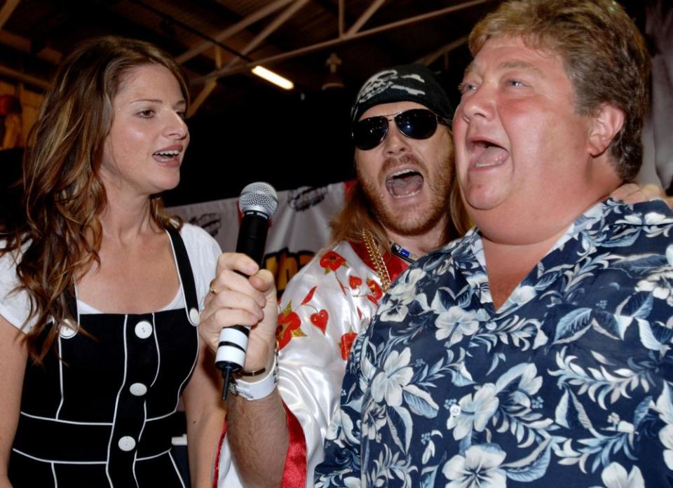 Radio hosts Jonathan Coleman, right, and Julia Zemiro, left, at the launch of their radio show The Jonathan Coleman Experience in Sydney, in January 2007.