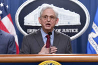 Attorney General Merrick Garland speaks during a news conference at the Department of Justice headquarters in Washington, Thursday, June 27, 2024. The Justice Department has charged nearly 200 people in a sweeping crackdown on health care fraud schemes nationwide with false claims topping $2.7 billion. (AP Photo/Jose Luis Magana)