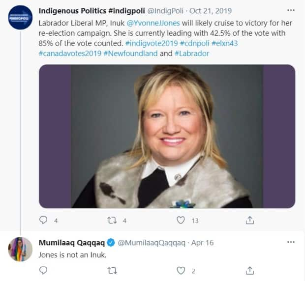 A screenshot of Qaqqaq's reply to a 2019 election night tweet identifying Jones as Inuk.