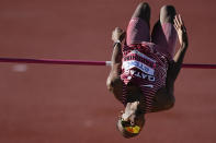 Mutaz Essa Barshim, of Qatar, competes during in the men's high jump final at the World Athletics Championships on Monday, July 18, 2022, in Eugene, Ore. (AP Photo/Gregory Bull)