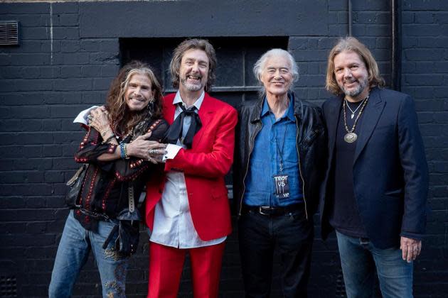 Steven Tyler, Chris Robinson, Jimmy Page, and Rich Robinson backstage at the London show. - Credit: Ross Halfin