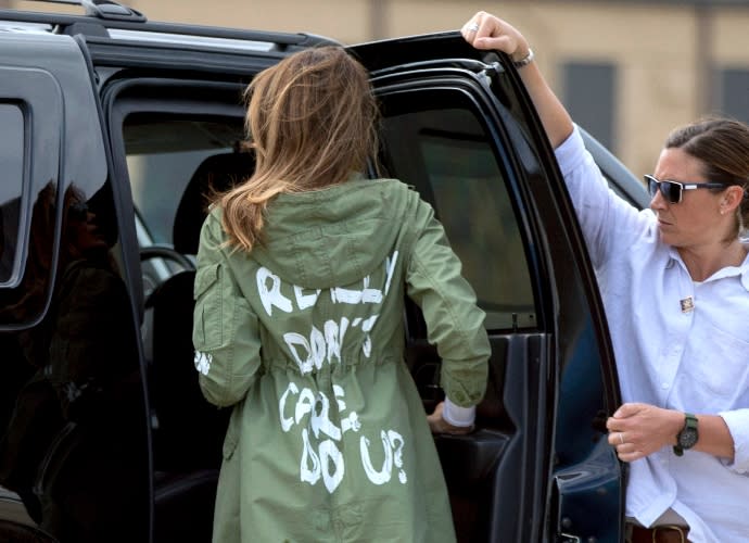 Melania Trump wears her ‘I Really Don’t Care. Do U?’ jacket in June 2018 - Credit: ASSOCIATED PRESS.